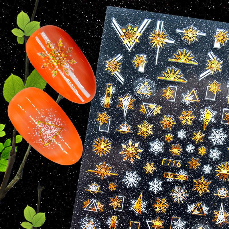 1 Pc 3D Snowflakes Leaf Geometry Lines Letter for Manicure Sliders Holographic Laser Gold White Christmas Nail Sticker