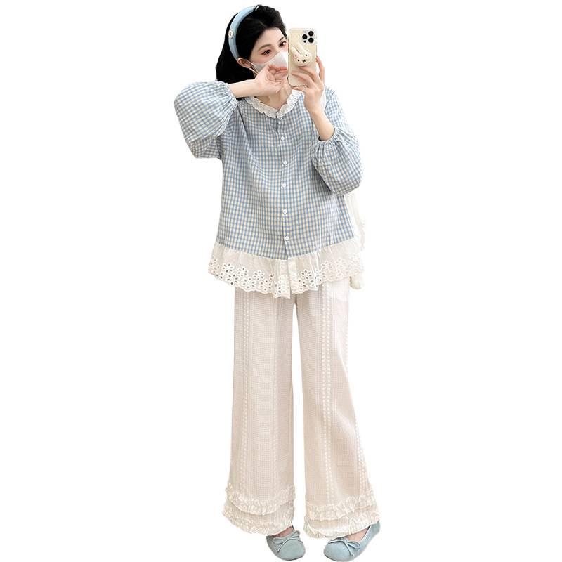 Mori Style Maternity Plaid Lace Top & Wide-Leg Pants Set (Two-Piece)