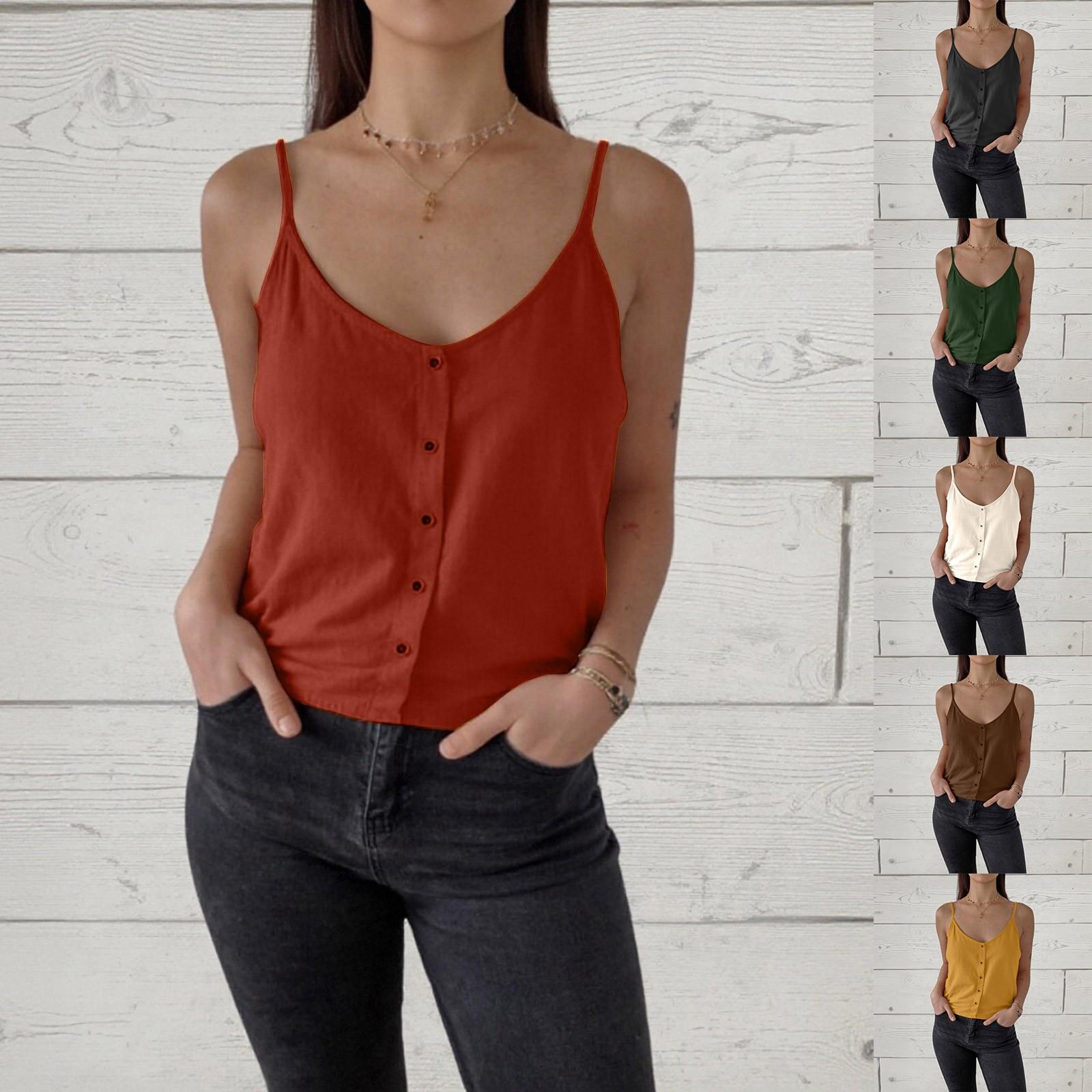 

Women s U-neck suspenders cotton and linen loose vest button top XXL винний