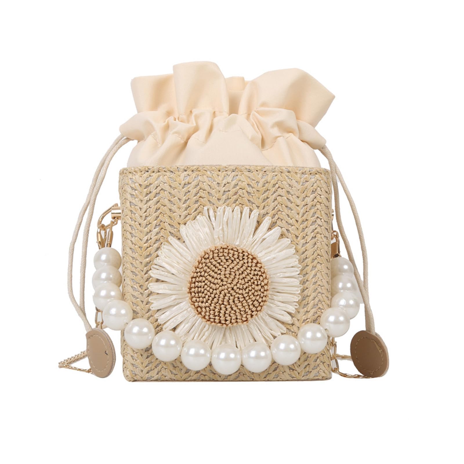 

Catwo Basket Shoulder Bag, Crossbody Bag, Handbag, Drawstring Bag, Clan Straw Bag, Straw Bag, Women s Knitted Bag, Handbag with Floral and Pearl