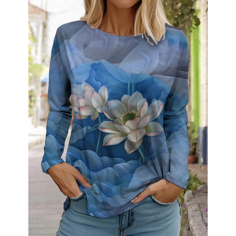 Women's Fashion Retro Tops Long Sleeve Round Neck Pullover Casual Long Sleeve T-shirt 3d Printed Lotus Print T-shirt