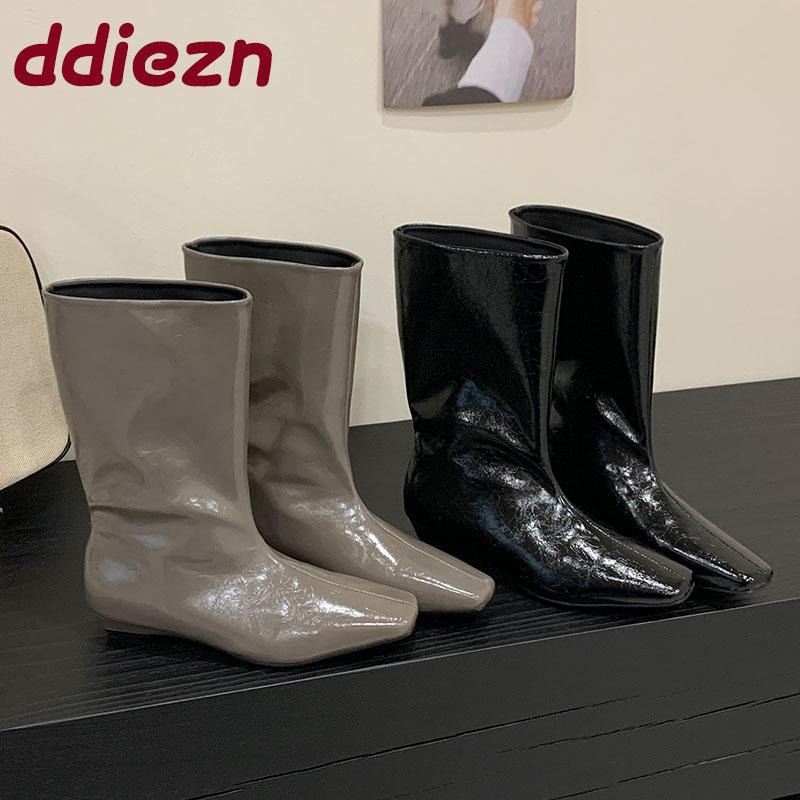 Moda Moda Slip-On Stivali Western alla Caviglia da Donna con Tacco Basso Scarpe Calzature Femminili a Punta Quadrata Stivaletti Corti Moderni da Donna Scarpe