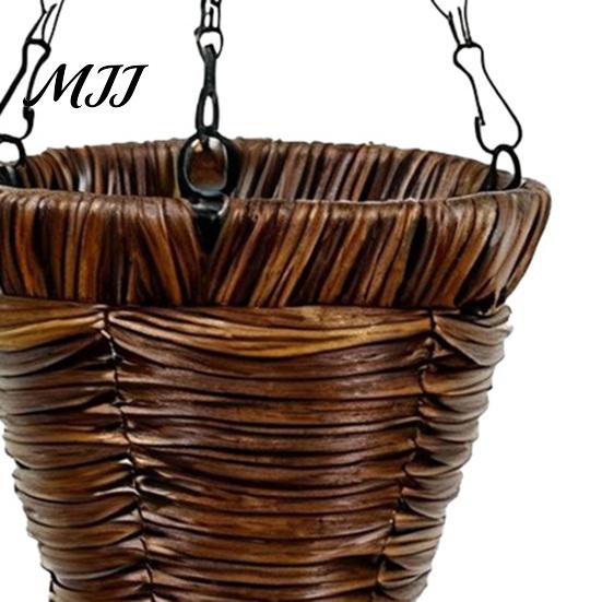 Rattan Hanging Basket Cone Flower Artificial Woven Planter Rustic Conical Plant with Metal Chains for Indoor Outdoor Garden Balcony