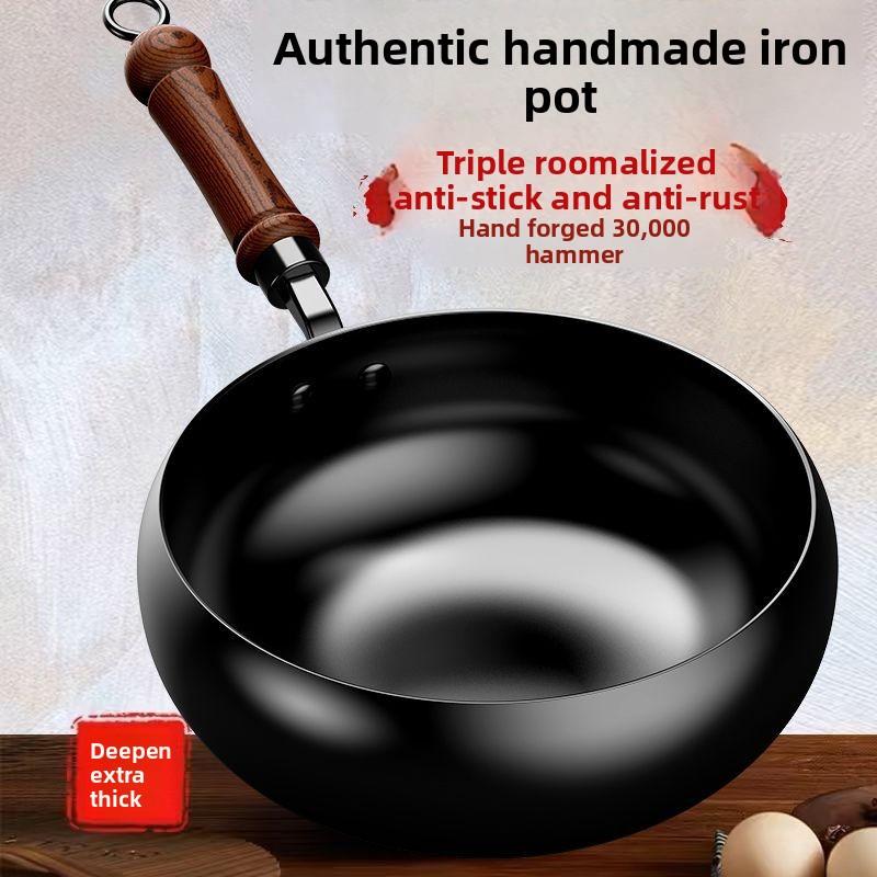 Handgefertigter großer Bauchtopf Authentischer Eisenkochtopf Traditioneller Milchkessel Haushalts-Wok Pfanne Ohne Beschichtung Flache Antihaftpfanne Bratpfanne