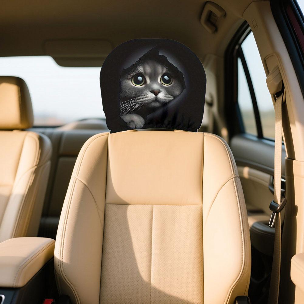 2 pieces of realistic car headrest covers with cute cats showing their faces, washable and stretchable, car interior decoration