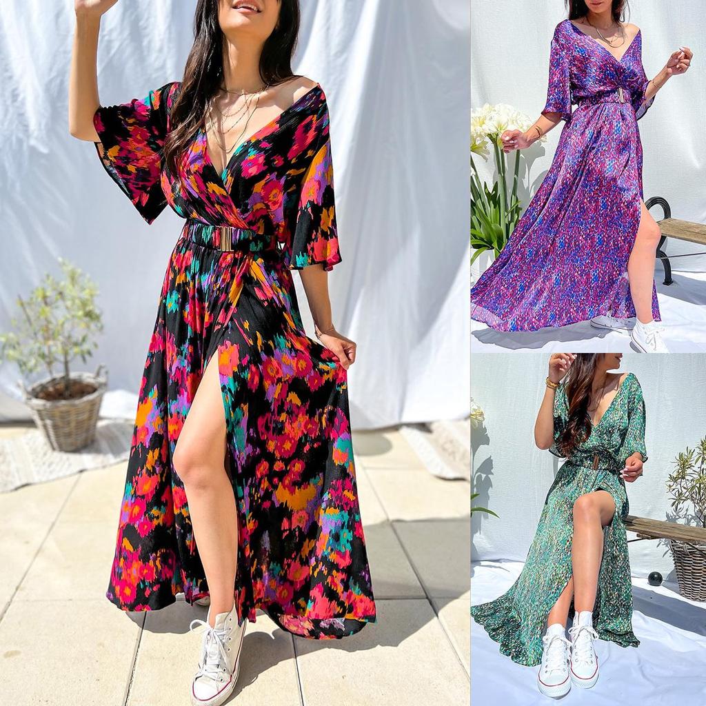 2023 Summer V-Neck Belted Print Long Dress