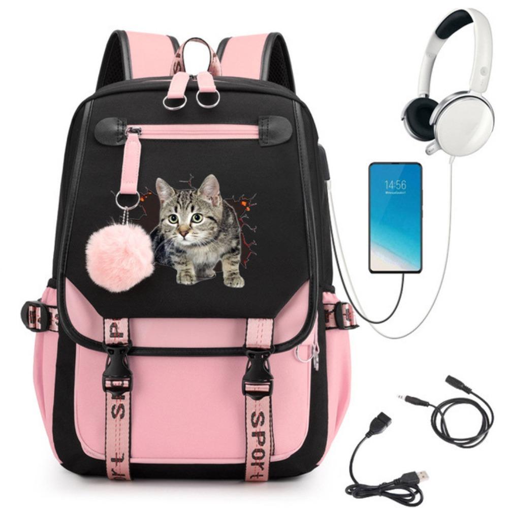 

Cute cat printed backpack male and female teen student schoolbag cute cat schoolbag USB Cat Backpack