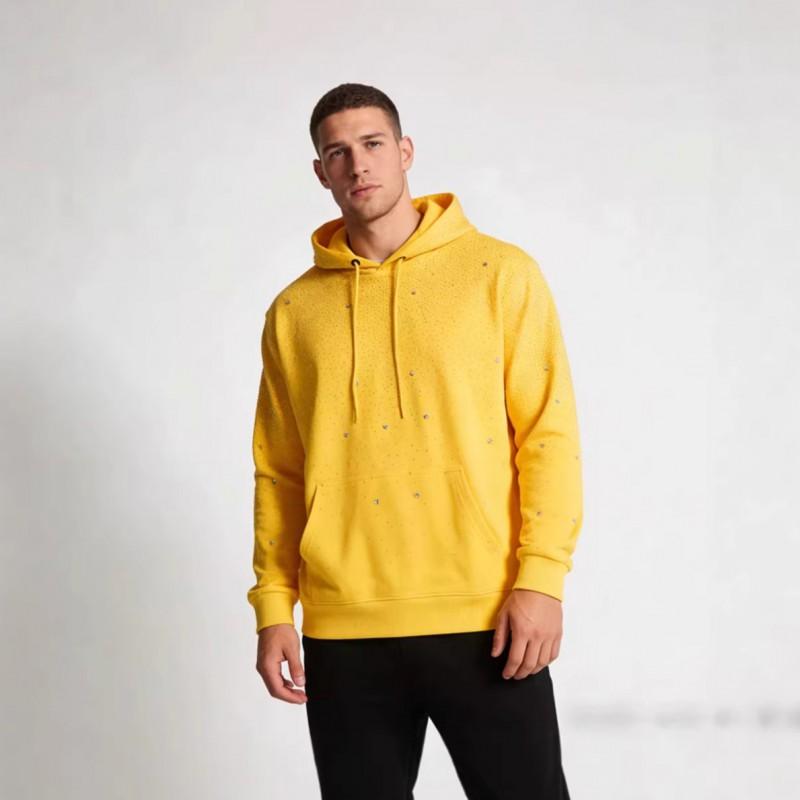 Street Style Yellow Hoodie Allover Rhinestone Star Design Cotton Pullover Men Women