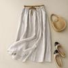 Retro Summer Patchwork Dress: Women's Elastic Waist Linen A-line Midi Skirt with Color Block Embroidery