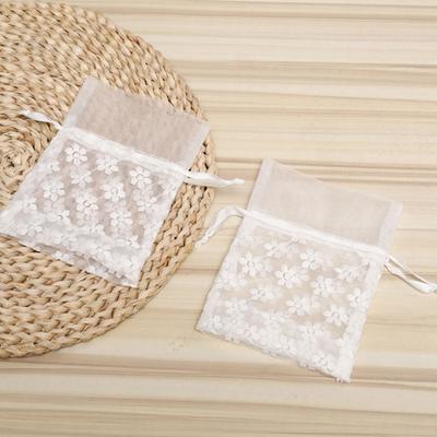 20Pcs Gauze Lace Mesh Bag Elegant Flower Decor Party DIY Craft White Organza Drawstring Gift Pouch for Wedding