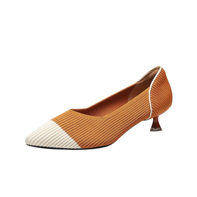 

Модные трикотажные туфли-лодочки смешанных цветов для женщин с острым носком, на каблуке-рюмочке, из дышащей ткани, туфли на среднем/высоком каблуке, конфетное плетение, женские туфли 38 оранжевый