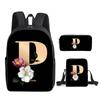 Fashion Novelty Flower letters A-Z 3D Print 3pcs/Set pupil School Bags Laptop Daypack Backpack Inclined shoulder bag Pencil Case