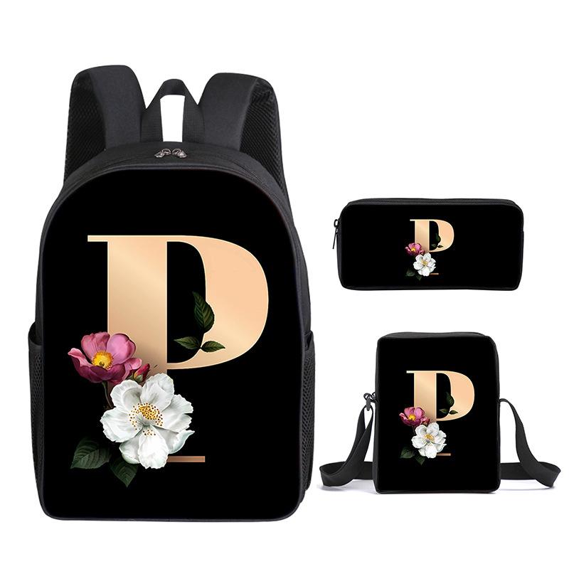 Fashion Novelty Flower letters A-Z 3D Print 3pcs/Set pupil School Bags Laptop Daypack Backpack Inclined shoulder bag Pencil Case
