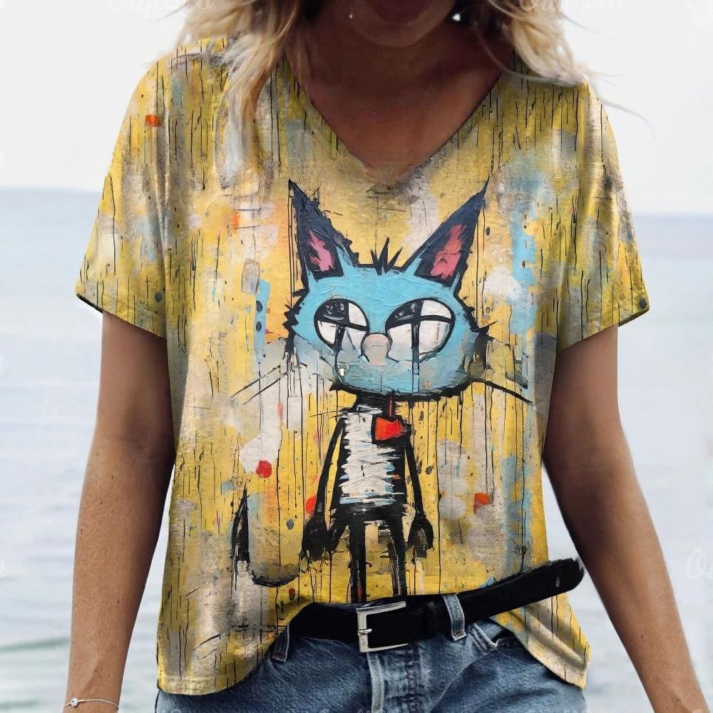 T-Shirts Women's Fashion T-Shirt Cat Print Casual Comfort Short Sleeve Crew Neck Pullover Clothing