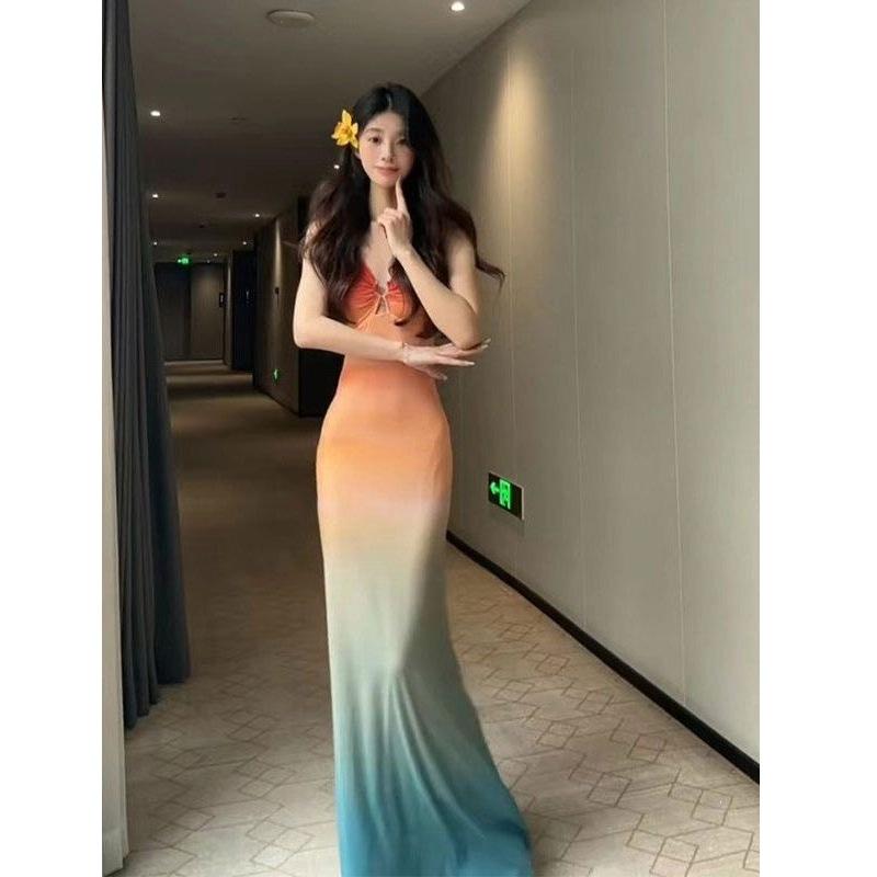 Sunset Skirt Beautiful Smudge Gradual Change Elastic Mesh Dress Thailand Sanya Seaside Vacation Bag Arm Fishtail Dress
