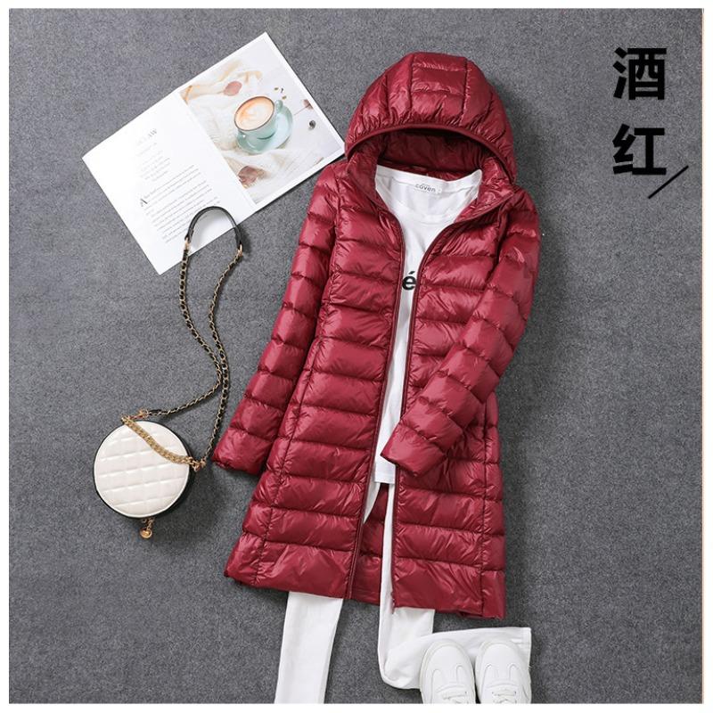 New autumn and winter large size light and thin down jacket women's medium and long white duck down light jacket removal cap