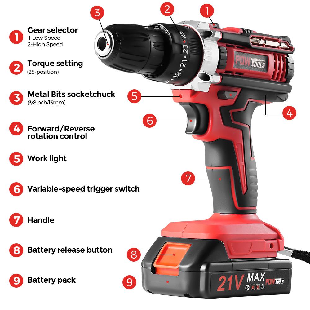 Electric Drills POWTOOLS - 21V - 2 Batteries Lithium + 24 Accessoires + Chargeur