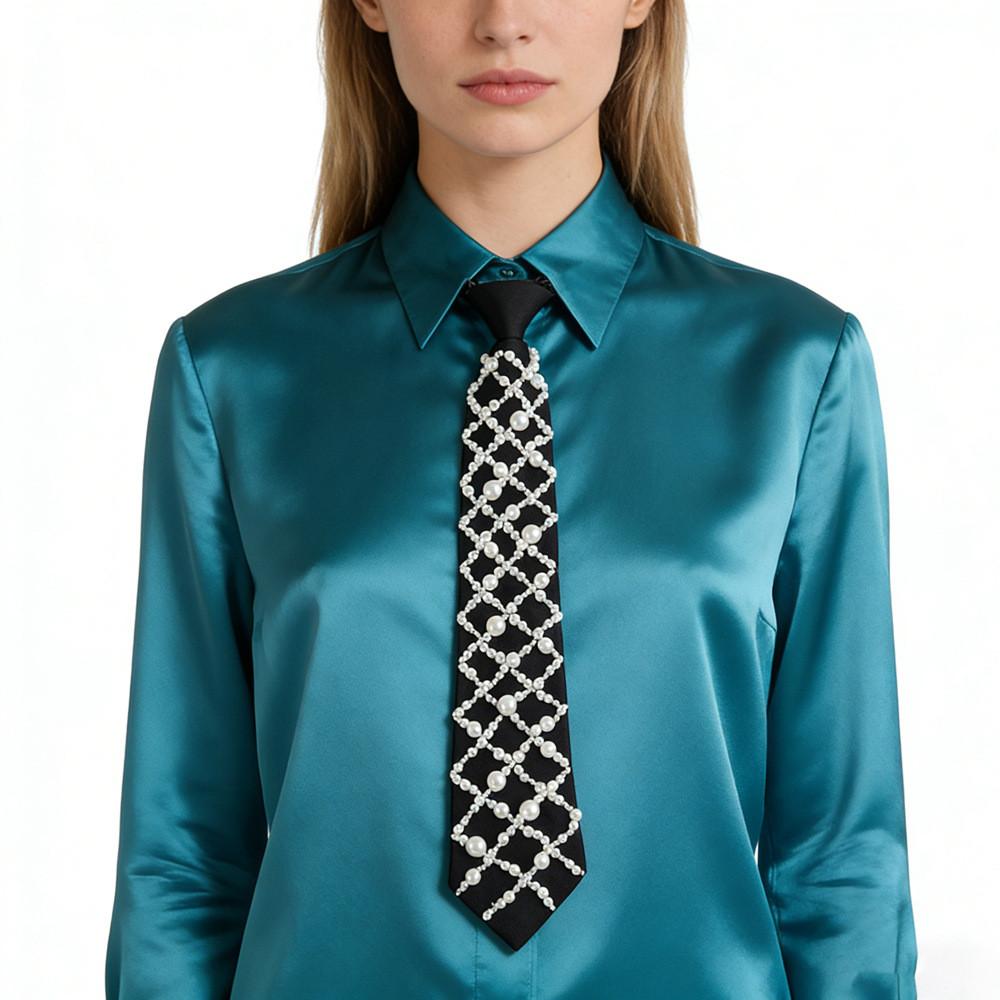 Modern Unisex Neck Tie With Pearl Detailing In Black For Formal And Casual Wear