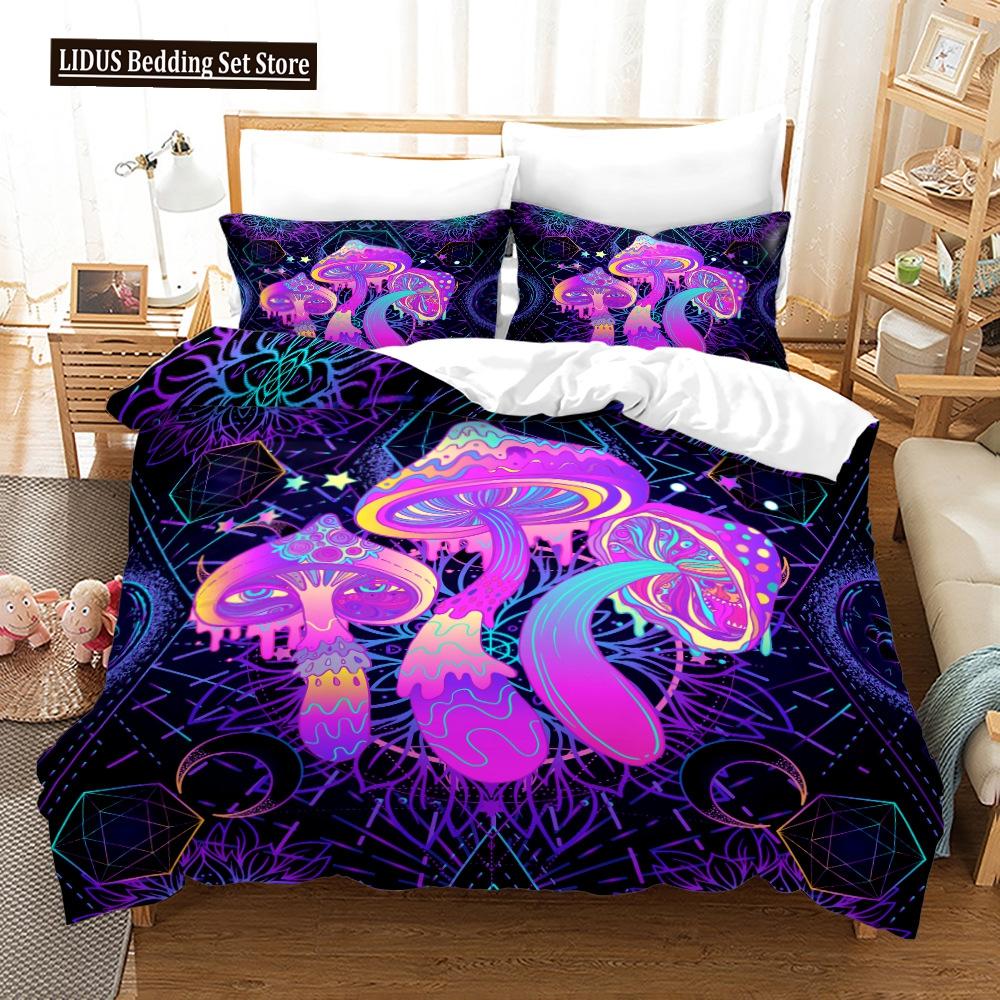 Mushroom Duvet Cover Set King Queen Size Star Purple Blue Trippy Mushroom Pattern Cartoon Polyester Bedding Set For Kid Boy Girl