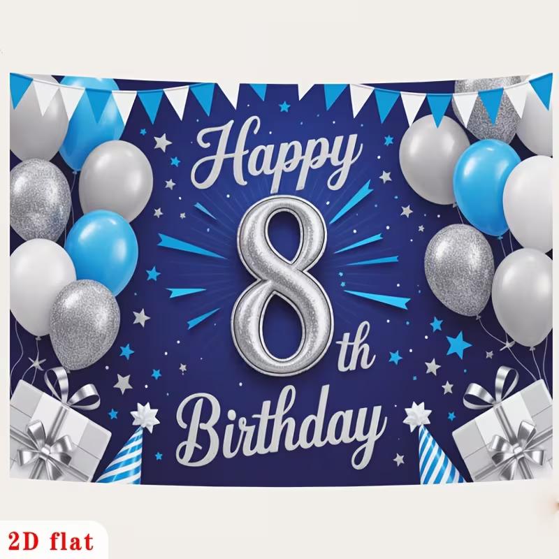 

2D Blue Silver 8th Birthday Backdrop Banner Triangle Flag Balloon Happy Birthday Party Decor Background 47.2x31.5inch/120*80cm