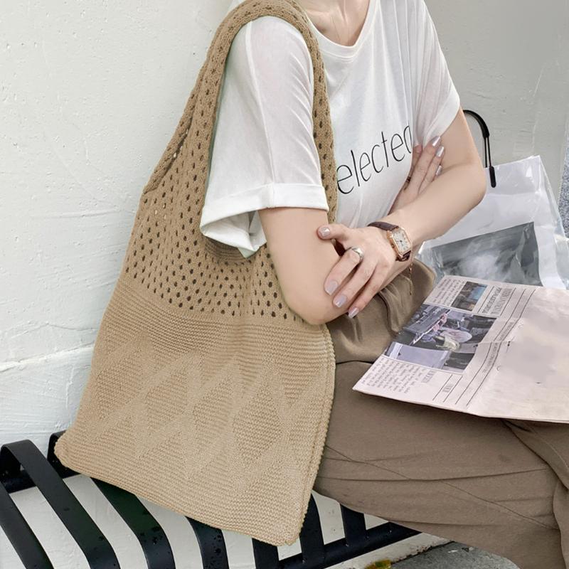 Vintage Hollow Woven Underarm Shoulder Bag Knitted Handbag for Women Large Capacity Shopper Totes Ladies Beach Travel Bag