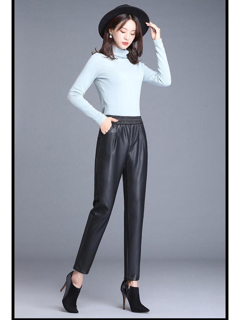 2023 Autumn/Winter Women's High-Waisted Plus Velvet Leather Harem Pants - Loose Wide-Leg, Cropped, Thickened