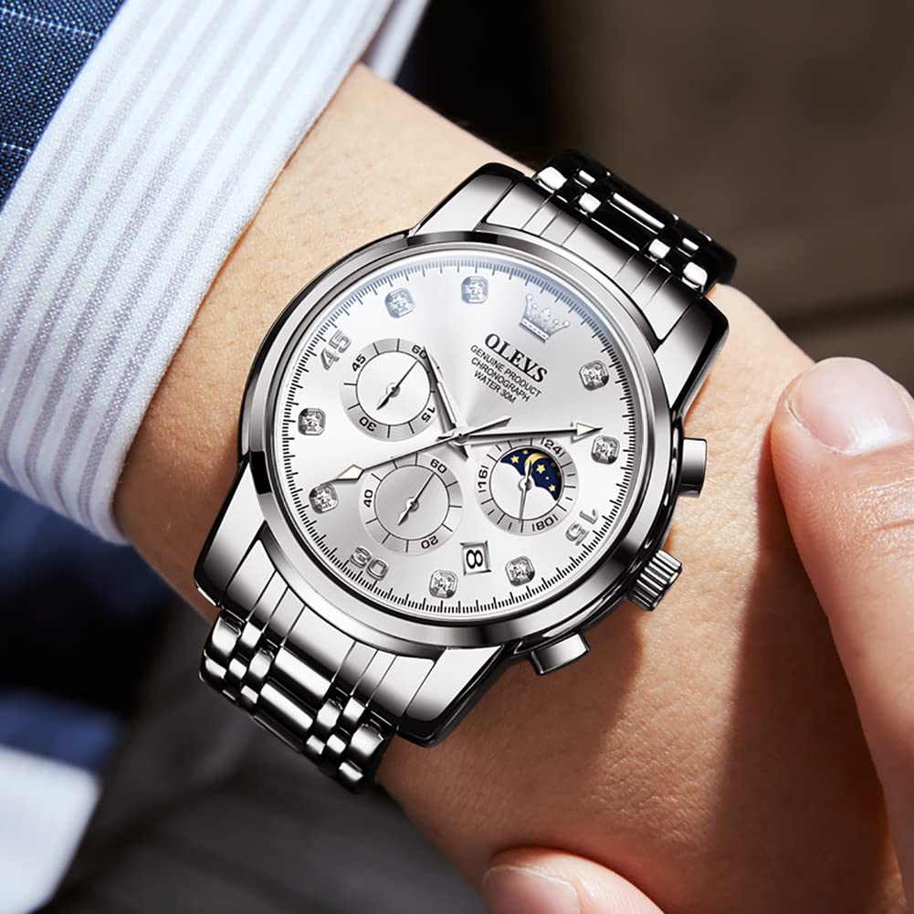 OLEVS Stylish and Popular Quartz Wristwatch with Date Silver Stainless Steel Classic Moon Swatch Men's Watch, Display, Waterproof, Business, Band,