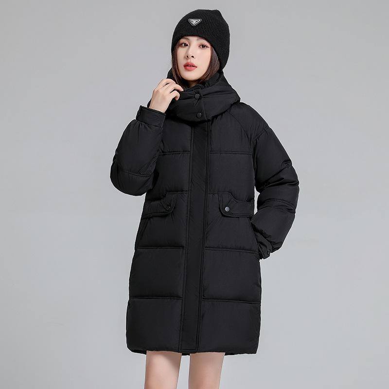 Damen Winter Lange Warme Jacke Flauschige Kapuze Lange Einfarbige Jacke Lässige Schneejacke