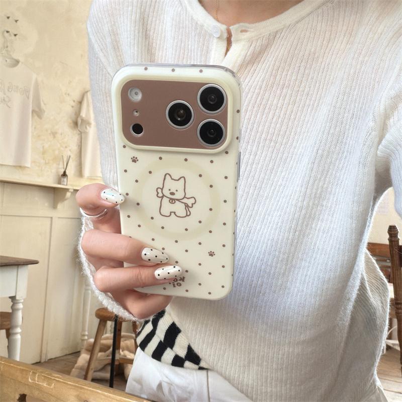 Magnetic Double Layer Beige Polka Dot Puppy Phone Case For iPhone 17 Pro 16 15 14 17 Pro Max Shockproof Cover Girl 17pro