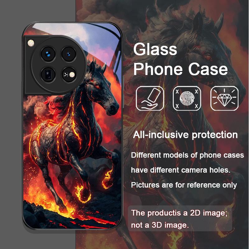 Creative Flame Black Horse Pattern Tempered Glass Phone Case for OnePlus 13R 12 11 10 Pro ACE2 ACE3 Nord CE4 CE3 CE2 Lite Cover