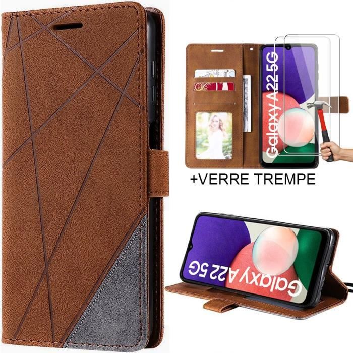 Coque - Samsung - A22 5G - Effet Cuir Elégant - Marron - 2 Verres Trempés