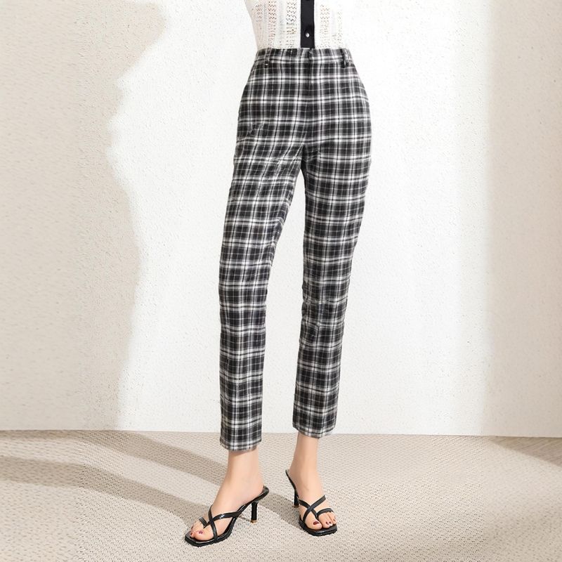 

Worsted Wool Women s Pants Fashion Export JC Checked Suit Trousers Cropped Pencil Pants High Waist Silm Slim Looking Black and white plaid 0