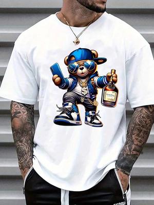 Mens Summer Cartoon Bear Printed Round Neck Short Sleeve Casual TShirt Fashion Trend Y2K Street Harajuku Unisex