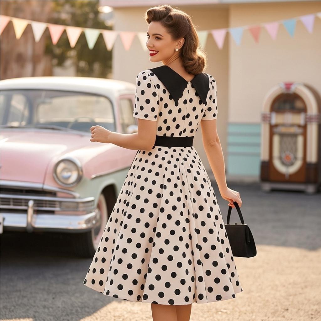 Damen Casual Polka Dot Print Kurzarm Midi Kleid mit Kragen - Leicht für den Sommer