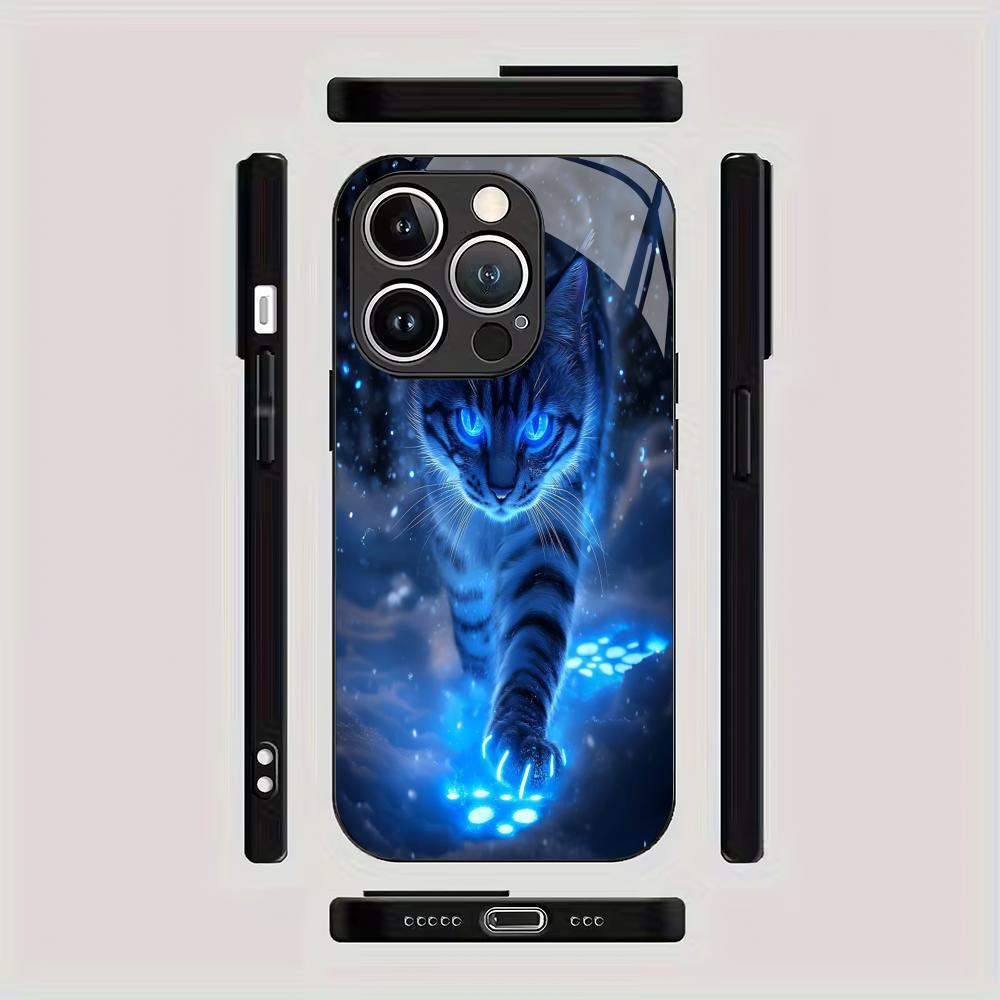 Blue Light Cat Tempered Glass Phone Case Suitable for iPhone17 16 15 14 13 12 11Pro Max Plus Anti Drop and Shockproof Back Cover