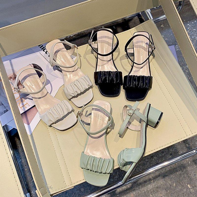 

Thick heel square head slippers women s new fashion wrinkled sandals two wear high heel word sandals 35