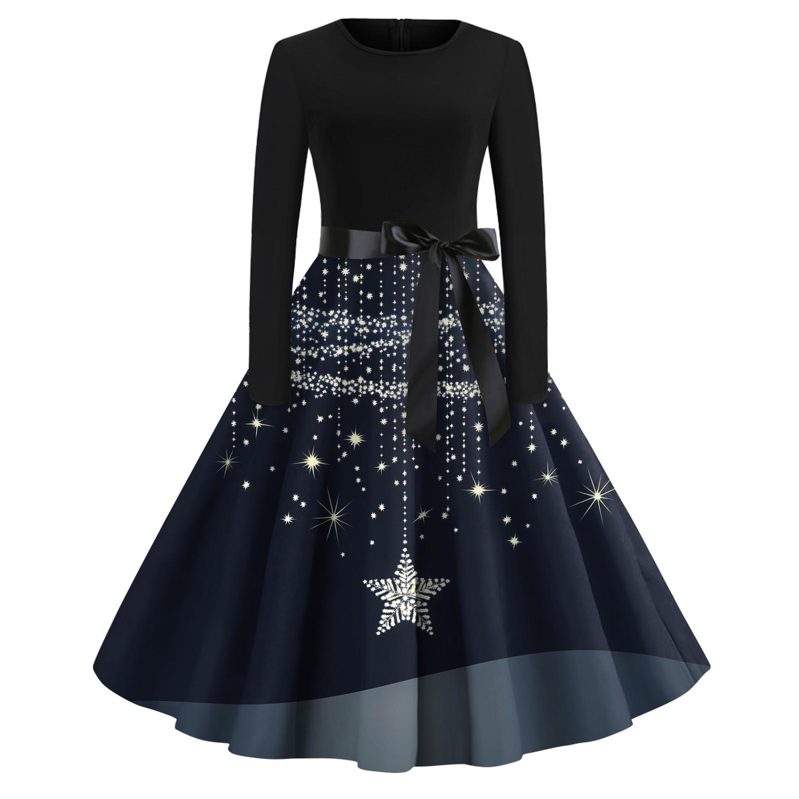 

Женское повседневное и модное винтажное платье с круглым вырезом и принтом XXXXL тёмно-синий