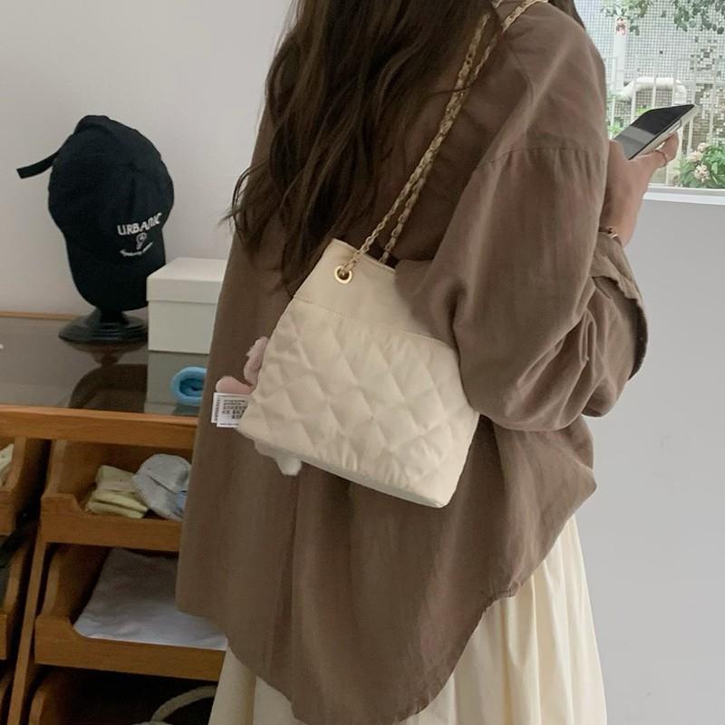 Premium Diamond Plaid Chain Bag Longxin Same Look Natural Cotton Cream Bundle Bag Small Size Bucket Bag Shoulder Bag Durable Material