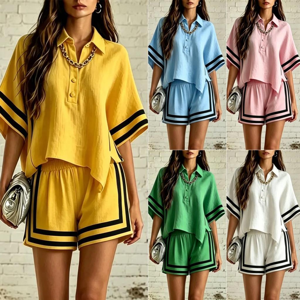 Damen Gestreiftes Poloshirt mit Besatz 2-teiliges Outfit Lockere Freizeitshorts Sommer Loungewear Set
