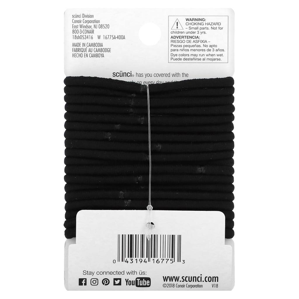 Scunci Schadensfreie Haargummis, bequem, ganztägiger mittelfester Halt, Schwarz, 18 Stück