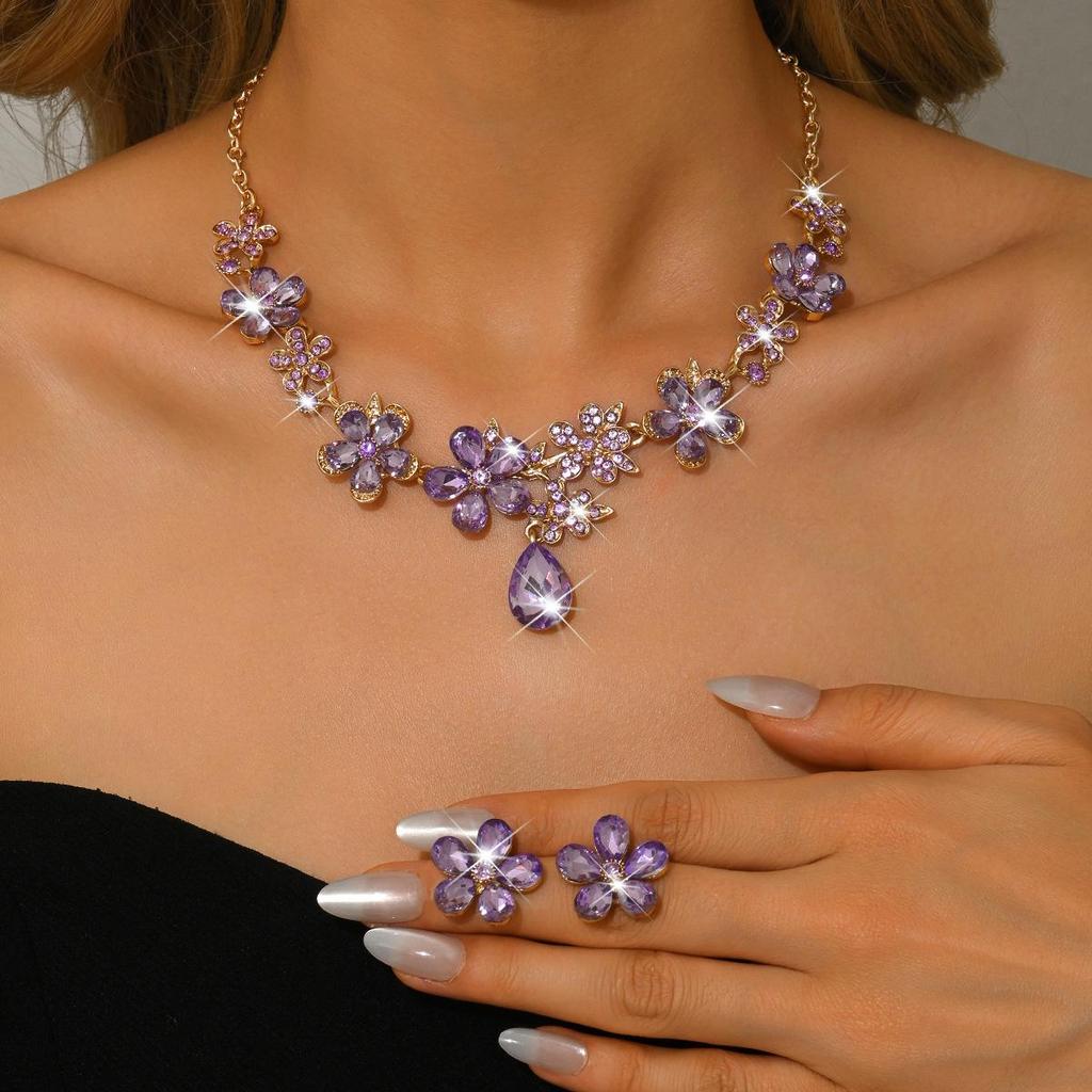 Elegant Rhinestone Floral Jewelry Set: European & American Bride Necklace & Earrings for High-End Parties