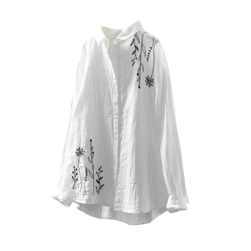 Women Loose Long Sleeve Slimming Trendy Spring Autumn Ladies Shirt Retro Embroidered Flower Cotton Linen Shirt