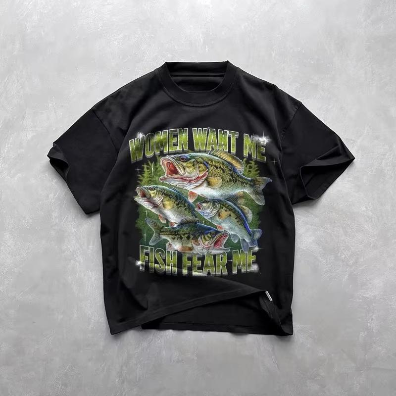 Unisex Cotton Graphic Tshirt Funny Fishing Print Vintage Y2K Harajuku Streetwear Casual Loose ONeck Breathable FisherUnisex Daily