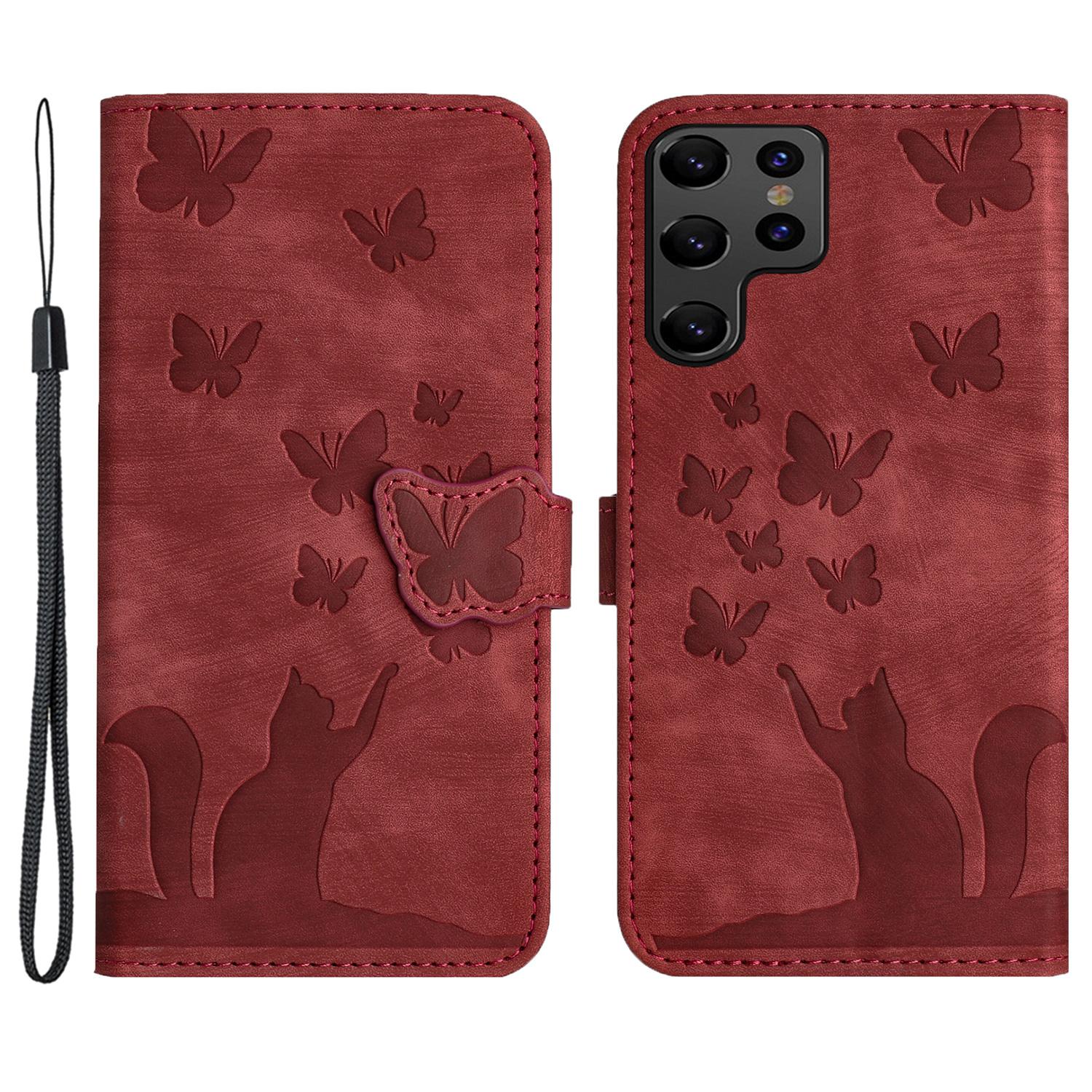 

For Samsung Galaxy S24 Ultra Case Butterfly Cat Pattern Leather Book Style Flip Cover Red