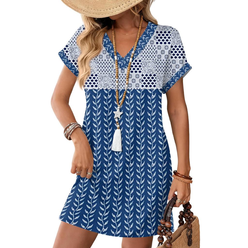 Damenmode Druck V-Ausschnitt Kurzarm Tasche Lässiges Pulloverkleid