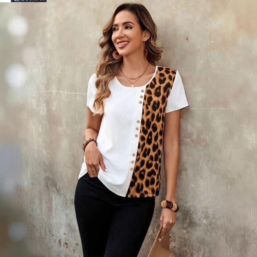 Leopard Print Round Neck Top: Elegant Short Sleeve T-shirt for Women, Casual Spring and Autumn Style 2025