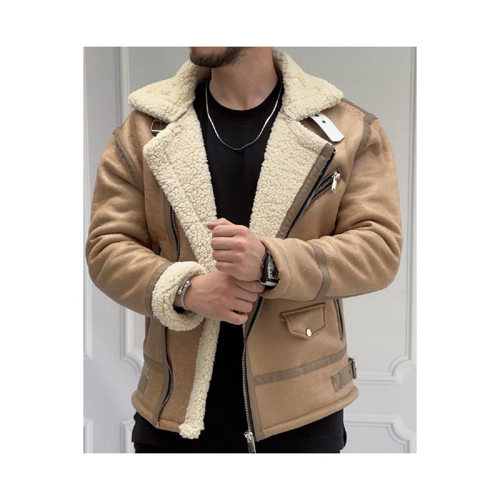 Men's Stone White Napa Leather Coat With Full Shearling Inside Northern Model Coat