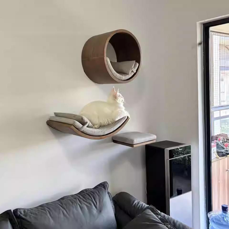 Cat Wall-Mounted Set with Hammock Stairs and Cat House Pet Furniture Accessory for Strolling and Play