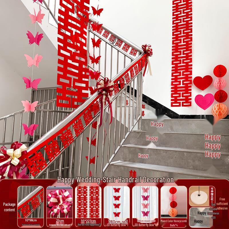 Wedding Handrail Decoration: Double Happiness Floral Strip for Staircases and Corners