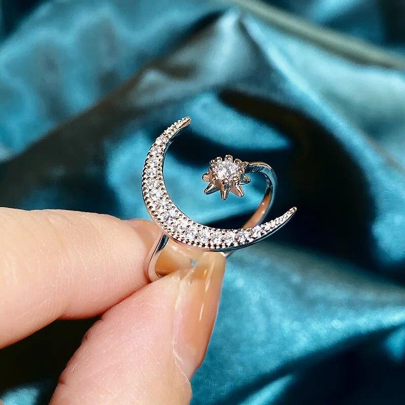 Mote Uregelmessig Moon Star Flower Diamond Parring for kvinner Sterling Sølv S925 Julegave Smykkeringer for kvinner